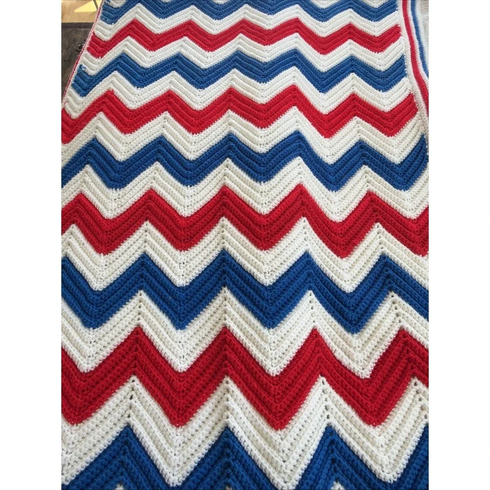 vintage hand crocheted Red White Blue Throw Blanket 39in W X 72 in L GWB002